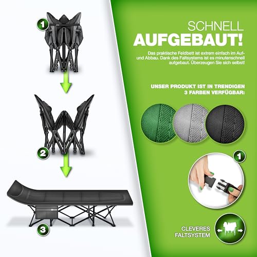 tillvex® Campingbett klappbar mit Tragetasche bis 280 kg | Campingliege extra breit | Feldbett Karpfenliege für Outdoor & Indoor | Klappbett Gästebett faltbar Garten Camping Angeln Festival Reise