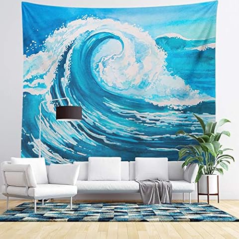 Ocean Wall Hanging Tapestry - Nature, Wave, Sea & Beach Wall Tapestry - Blue and White Boho Living Room Decor and Bohemian Home Wall Art - Large Tapestries for Bedroom, College & Dorm Decoration Cover