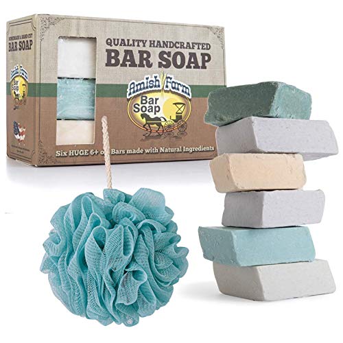 Amish Farms Natural Ingredients Handmade Bar Soap – Cold Pressed – Hand-cut – 6 Bars Gift Set + iBAETH Loofah Bath Sponge for Body – Colors May Vary