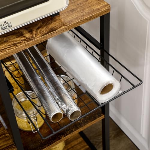 HOMCOM Estantería de Cocina Industrial Estante de Cocina con Toma de Corriente Estantes Ajustables Ganchos y Cesta Metálica 90x42x130 cm Marrón Rústico - imagen 9