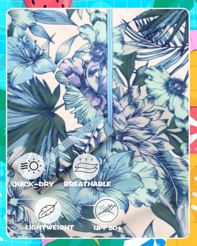 Image of Kids Girls Rash Guard Long Sleeve One Piece Swimsuits Zipper Bathing Suits UPF 50+ Tropical Plant Flowers Ages 3-12