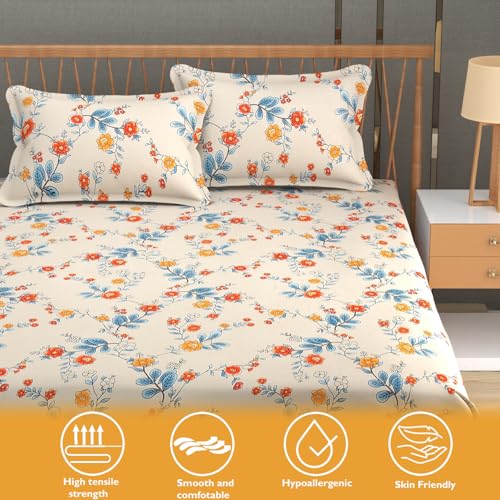 Image of Fresh From Loom Anti Fade Floral Print 240 TC Microfiber King Size Bedsheet Set with 2 Pillow Covers - Soft Fabric (90 x 95 inch| Beige, Floral Design)