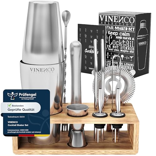 Cocktail Shaker Set Boston mit Ständer & Rezeptbuch: Premium Edelstahl Bar Cocktailset Cocktailshaker Messbecher Strohhalme Barlöffel Stößel | Barkeeper Barset Cocktail-Zubehör Geschenk Frauen Männer