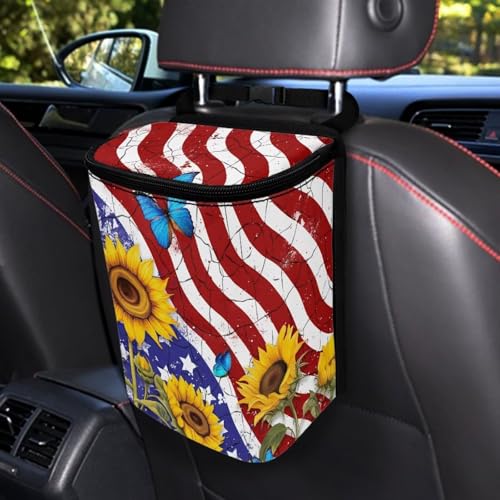 Image of 4th of July Car Trash Can with Lid Hanging Car Trash Bag Leak-Proof Portable Cars Garbage Bin Sedan Accessories Interior Cars Organizer, USA Flag Sunflower Print