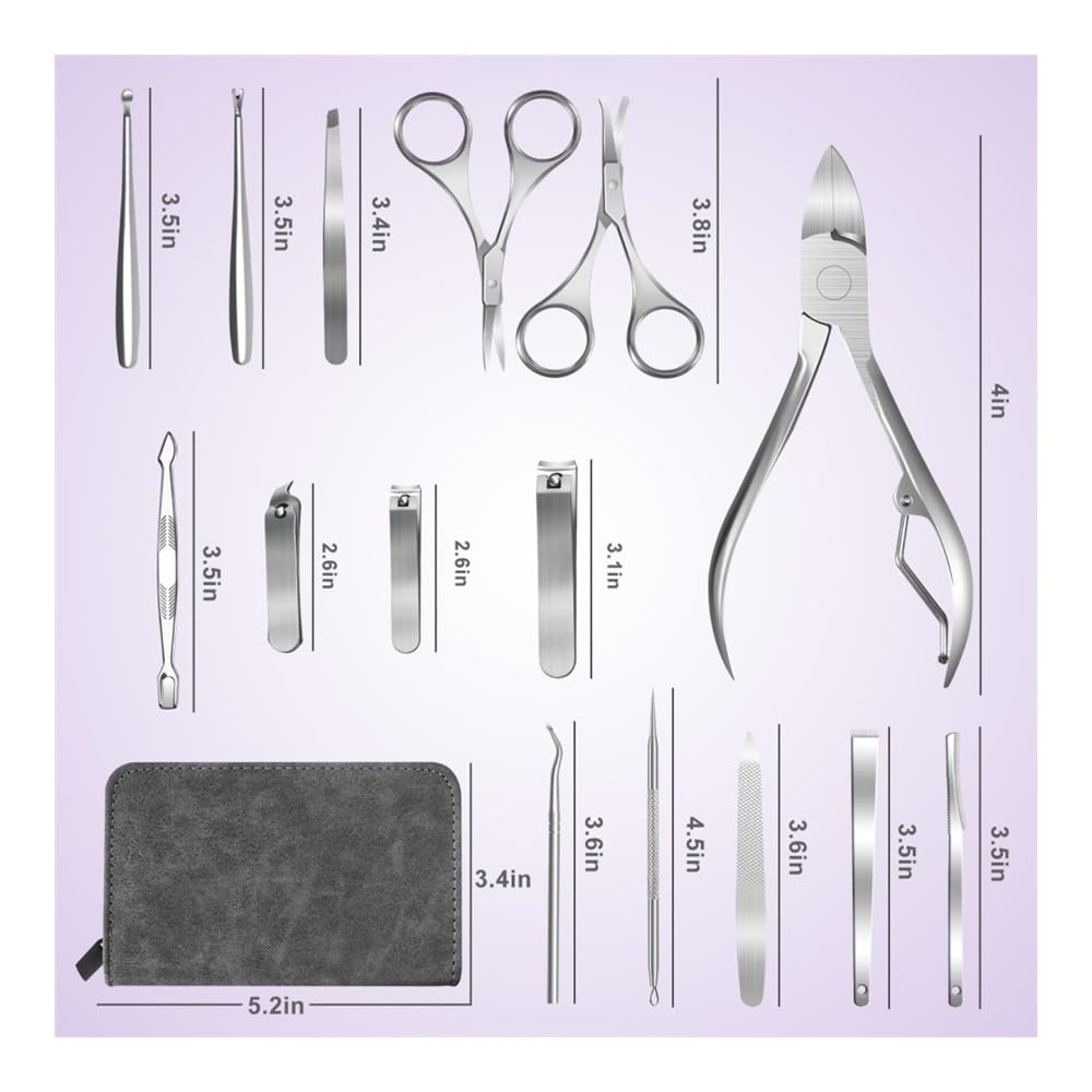 Kit de manicura y pedicura 15 en 1 de acero inoxidable con estuche de viaje, herramientas para el cuidado de las uñas de los pies, cortaúñas para los dedos de los pies y cortaúñas para las manos.