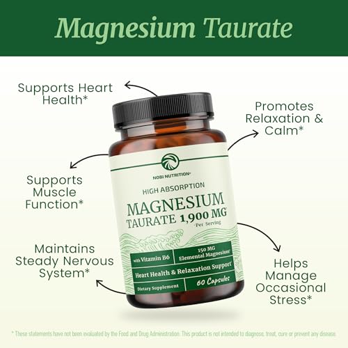 Image of Magnesium Taurate 1900MG, Heart Health & Relaxing Support, High Absorption | 150MG Elemental Magnesium Per Serving, Mag Taurate with Vitamin B6 and BioPerine, Non-GMO, 60 Capsules (1 Month Supply)