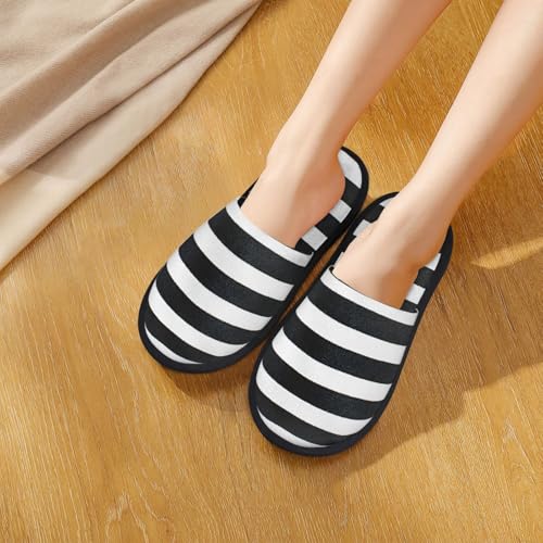 Black And White Stripes Print Women Slippers Home Furry Shoes Keep Men Couples Shoes Warm For Women- 5