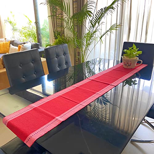 Image of Rangbhar Handloom Ribbed Cotton Table Runner for Living /Dining Room /Home Decor, Anti Skid, Reversible, Machine Washable, 12 X 72 inches, Striped, Red Pink