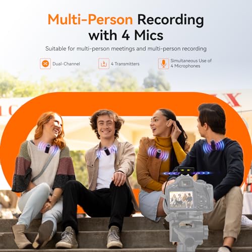 Image of SVBONY D4 4-Person Wireless Lavalier Microphones Systems for Group Videos | Compatible with iPhone, Android, Camera, 2-Level Noise Reduction, 656ft Range, Smart Display, Magnetic Mount,Safety Track