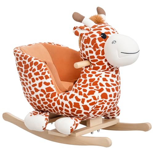 Qaba Kids Plush Ride-On Rocking Horse Toy Giraffe Style with Song for 18-36 Months, Brown