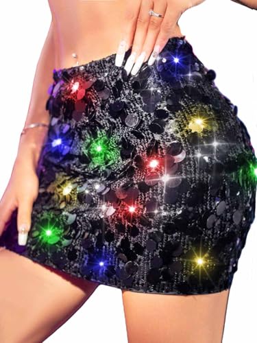 TWINKLEDE Light up Sequin Mini Skirt Sparkly Rave Disco Dance Skirt for Women (Black)