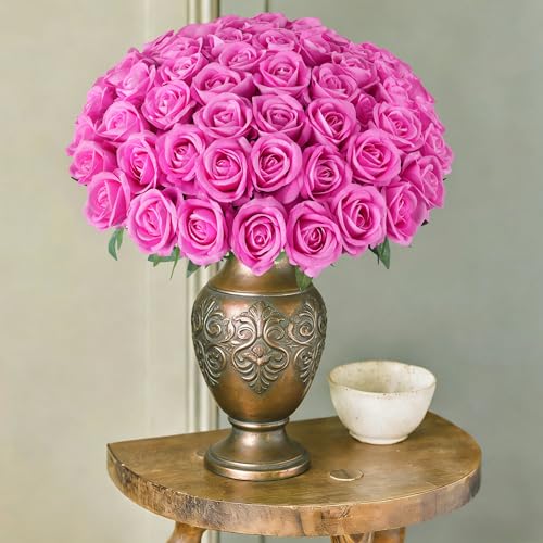 Image of HyeFlora 50 PCS Roses Artificial Flowers, Fake Roses with Stem Realistic Hot Pink Silk Rose for DIY Wedding Bouquets Table Centerpieces Arrangements Baby Shower Birthday Home Decor for Her