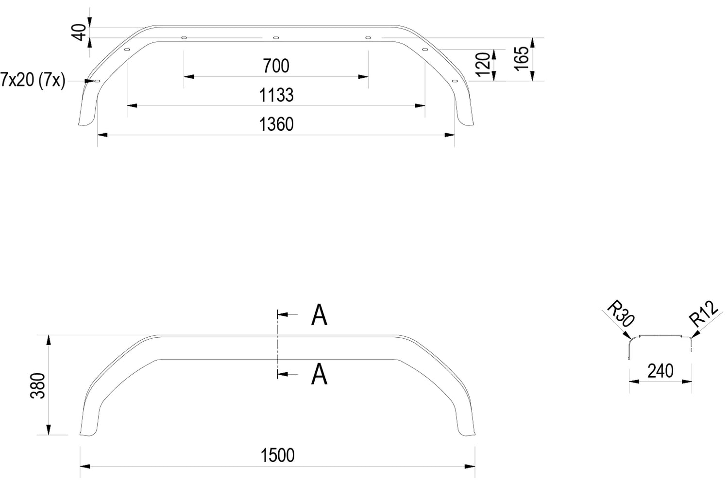 Tandem-Kotflügel für Anhänger 15-16 Zoll DE HAAN THMK 24150 Radkasten 1500/240mm