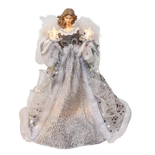 Kurt Adler 14" UL 10 Lights Silver & Ivory Angel Treetop