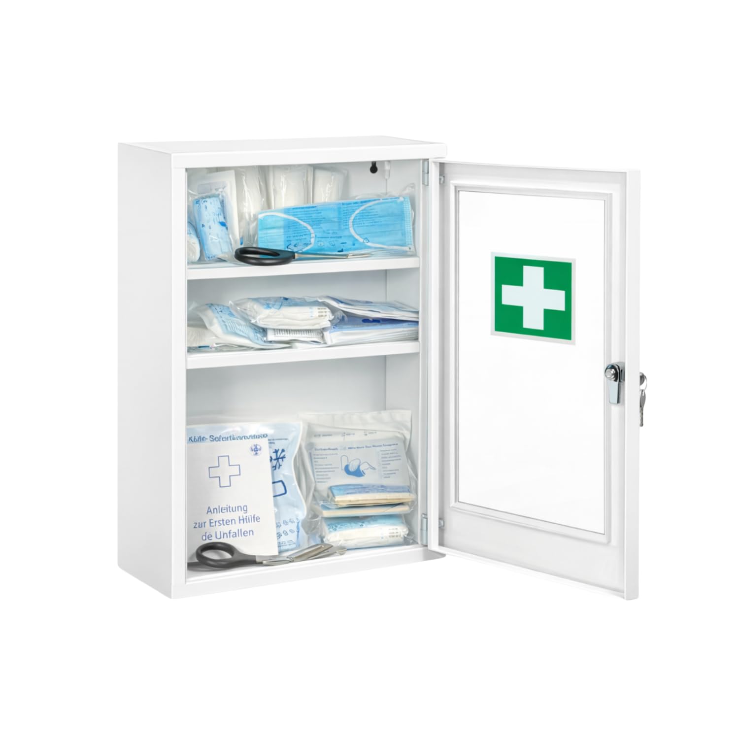 First Aid Products Erste Hilfe Verbandschrank F mit Sichtfenster – inkl. DIN 13157:2021 Füllung, Metall & Pulverbeschichtet, 1-türig - Büro, Betrieb, Schule, Kita & zu Hause - Weiß, 46 × 30 × 14 cm