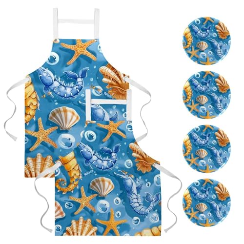Tabliers de cuisine en lin bleu mer design authentique réglable lot de 2