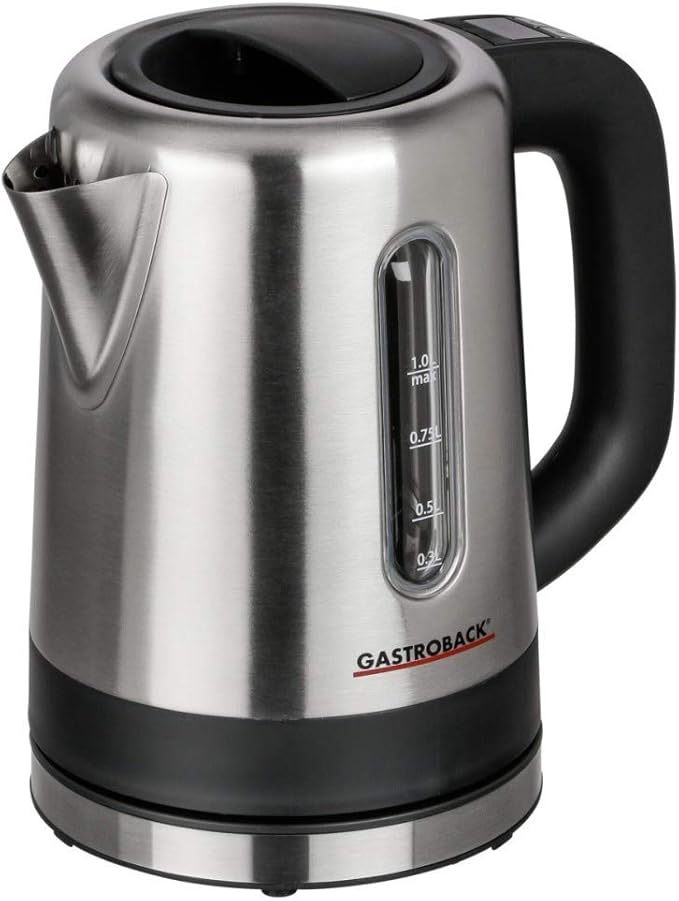 GASTROBACK #42435 Design Wasserkocher Mini, 1 Liter Edelstahl-Behälter mit Füllstandsanzeige, beleuchtetes Bedienfeld, Warmhaltefunktion, 2.200 Watt, Schwarz