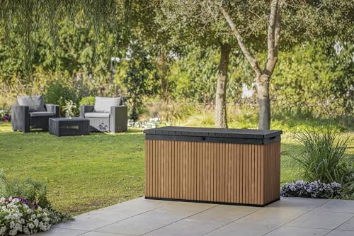 Keter Auflagenbox/Kissenbox 570 Liter l 100% Wasserdicht l mit Belüftung dadurch kein übler Geruch/Schimmel l Moderne Holzdielenoptik l Deckel belastbar bis 300 KG (2 Personen)