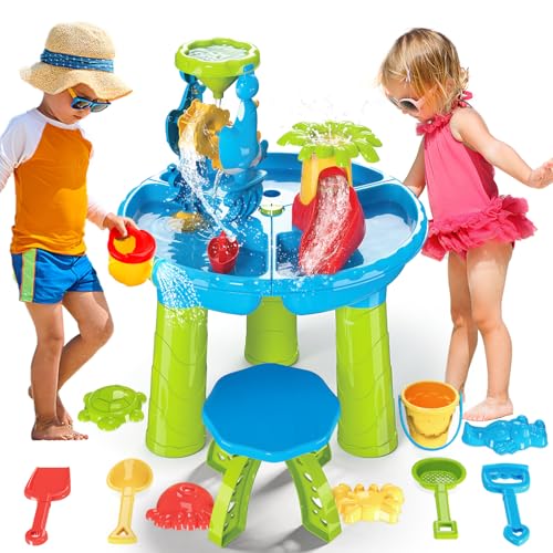deAO Tavolo attività Acqua e Sabbia, 4 in 1 Tavolo d'Acqua Bambini all'aperto incl, Stampo di Sabbia, Pala, Annaffiatoio, attività Sensoriale Tavolo da Gioco Sabbia Acqua Giocattolo da 3 Anni+