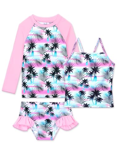 Image of Girls Rash Guard Swimsuit 3 Pieces Long Sleeve UPF50+ Quick Dry Bathing Suit for Toddler 3-12Y
