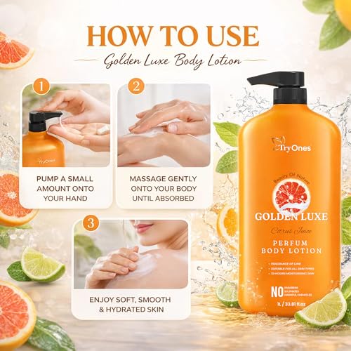 Image of GOLDEN LUXE Citrus Fuice Perfumed Body Lotion for Women & Men - Long Lasting Lime Fragrance, 72-Hours Deep Moisturizing, Paraben & Harmful Chemical Free, Suitable for All Skin Types, 1L / 33.81 fl.oz