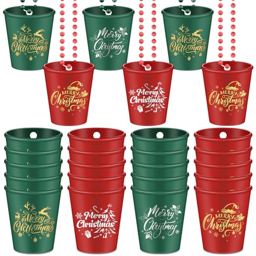 Tigeen 24 Christmas Shot Glass Necklaces Christmas Plastic Shot Cup Necklace on Beaded for Xmas Holiday Birthday Party Favors (Merry)