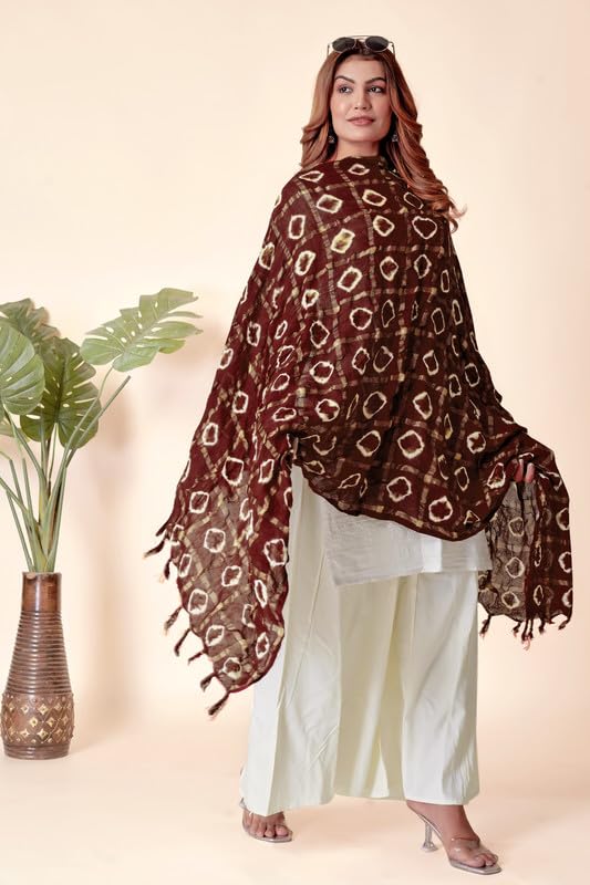 Image of Women Bandhani Dupatta | Traditional Chunri Print with Decorative Border | Lightweight Ethnic Stole for Festive and Wedding Wear