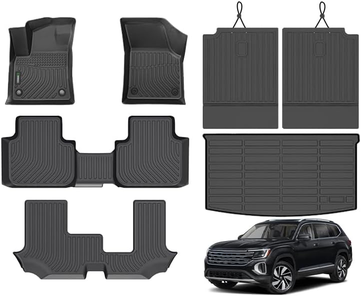 ANBINGO® Floor Mats & SeatBack Cargo Liner/Atlas 2018-2026 7 Passenger / 2nd Row with Bench Seat / (50/50 Velcro Tape Fixed Backseat) TPE 3 Rows Car Mat Waterproof, Accessories 4)For VW Atlas 7 Seat / 2018-2026 / Full Set with Seatback Mats
