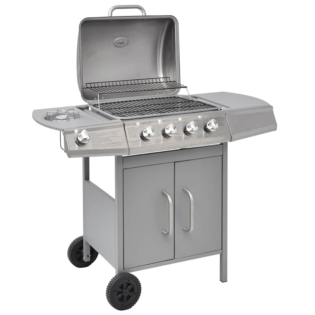 Grill gazowy na srebrnym wózku z 4 palnikami głównymi i 1 palnikiem bocznym, wbudowanym termometrem, stolikiem pomocniczym, szafką do przechowywania i pokrowcem