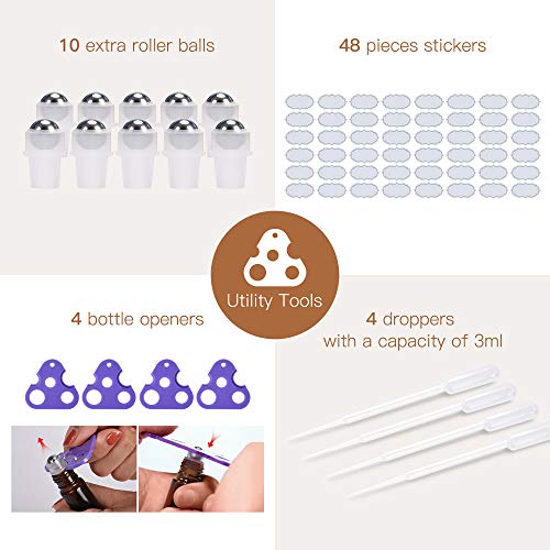 Essential Oil Roller Bottles 48 Pack 10 ml Amber Glass Empty Bottles with Stainless Steel Roller Balls (10 extra balls, 4 Openers, 4 Droppers, 48 Waterproof Labels) - Thumbnail 5