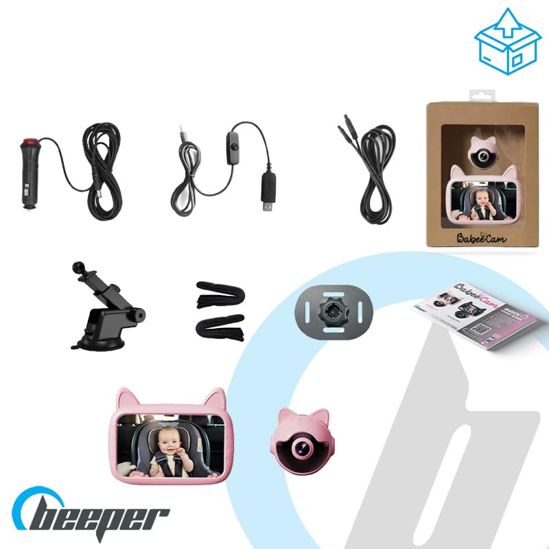 Beeper BABEECAM 1 - Cámara de Coche para bebé con Pantalla de 4,3 Pulgadas, visión Nocturna automática, cámara de Gato para Asiento Trasero, vigilancia de bebé en Coche, fácil instalación, Color Rosa