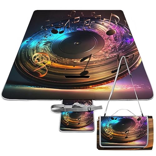 Colorful-Music-Notes-Background Picnic Blanket Waterproof Foldable, Large Outdoor Picnic Blanket Beach Blankets Camping Blanket Travel Mat, Shoulder Strap Tote, Rectangle 58x58in