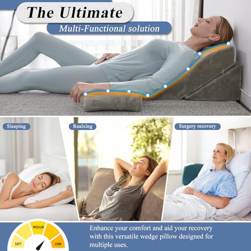 Axelrod Bed Wedge Pillow Set Foam | Adjustable Pillows for Back, Leg and Knee Pain Relief | Post Surgery Ortho Pillow – Anti Snoring, Heartburn, Acid Reflux & GERD Grey