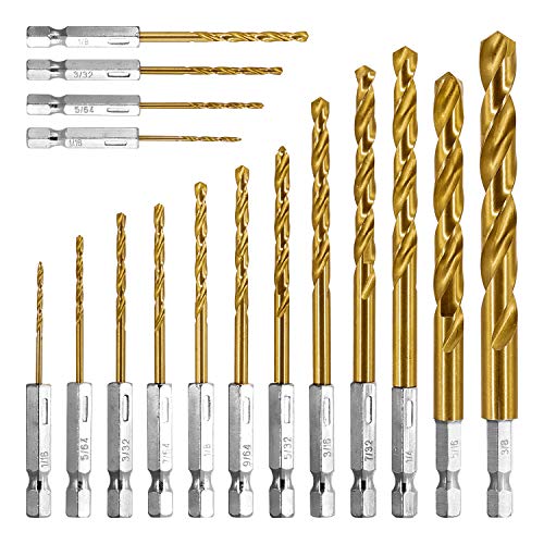 amoolo Hex Shank Drill Bit Set (16 Pcs), Premium 4341 HSS Titanium Impact Hex Drill Bits for Wood, Steel, Metal, Plastic, Quick Change Design (1/16â€-3/8â€)