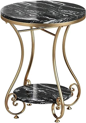 Image of Round End Table with Storage Side Table Corner Table Metal White Wooden Top with Gold Base for Living Room Bedroom-Black & Gold