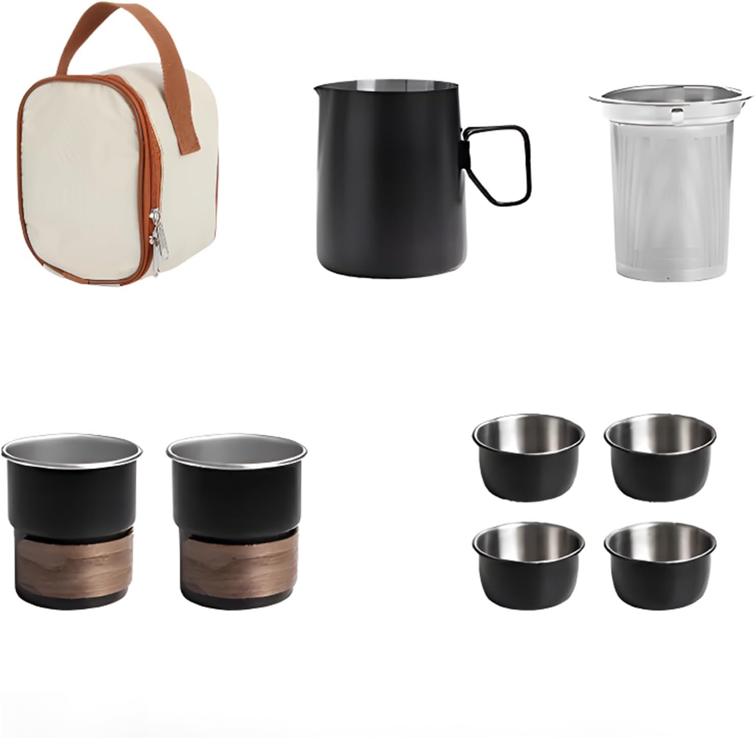 Travel Tea Set Portable Camping Kettle Set, Stainless Steel Stackable 1 Pot 6 Cups with Portable Bag for Coffee Outdoors,Black