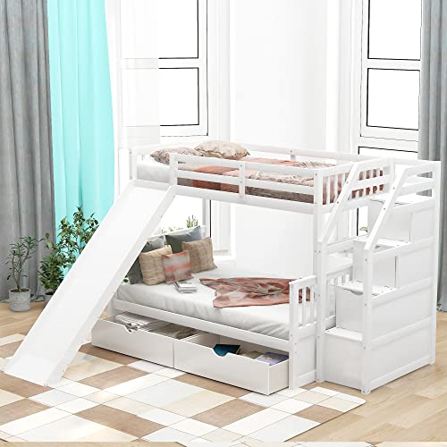 Wekuku White Twin Over Full Bunk Bed with Drawers, Storage Slide – Multifunctional Space Saving Kids Bedroom, 1 Drawer for Organization (1 Drawers)