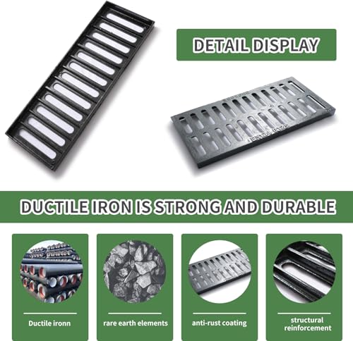 Image of Cast Iron Drain Grate, 17 * 4in Heavy Duty Outdoor Drain Cover, B125 Class Channel Grate, Metal Sewer Grate, Black Square Drainage Grate for Concrete Floor, Yard, Driveway & Garage.