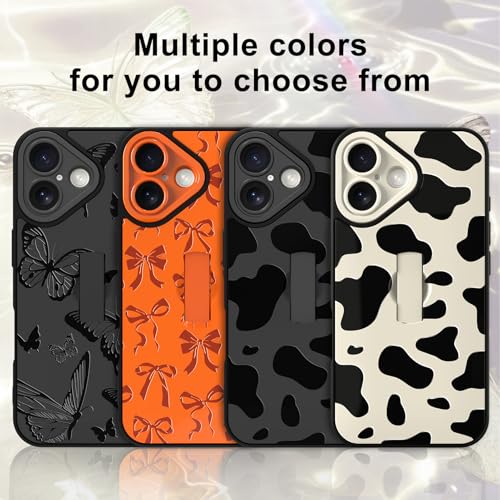 Image of for iPhone 16 Case with Finger Strap Holder, Cute Cool Cow Print Pattern Design for Women Men, Shockproof Anti Scratch Hand Kickstand Protective Cover, White