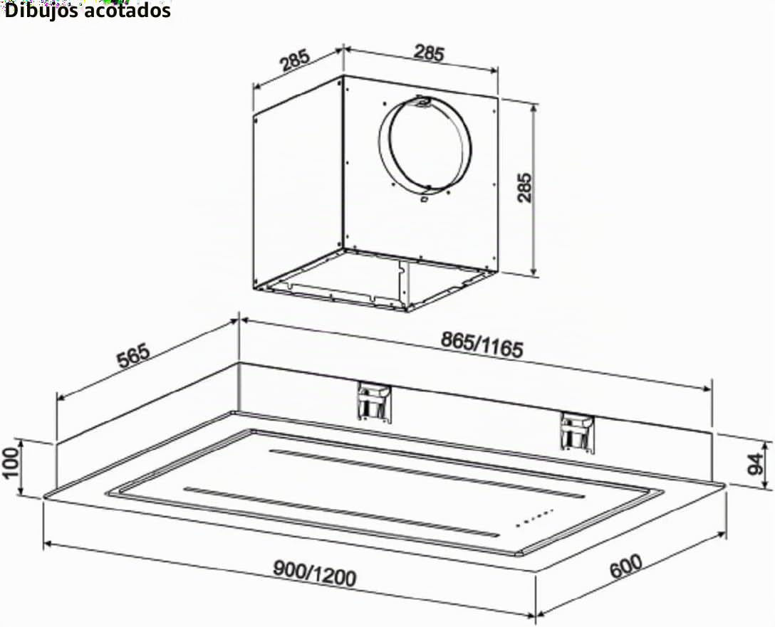 Gurari 341 BL 120, Campana de techo 120 cm 1000 m³/h de cristal negro, ventilador de techo, rejilla de escape