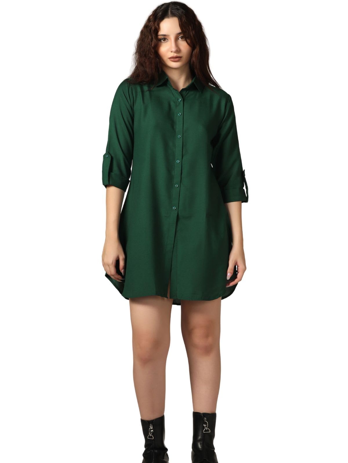 Greciilooks Western Dress For Women| Shirt Collar Solid A-Line Dress| Plus Roll Tab Sleeve Shirt Dress| Women's Comfort Summer Dress| Dress Perfect For Outing (Medium, Dark Green)