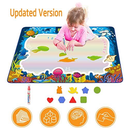 Water Drawing Mat for Kids, Play Pad Educational Gifts Developmental Toys Coloring Water Magic Mats Scribble Board Pad Painting Markers for Baby Toddler with Pens