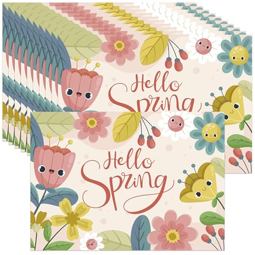 Lucleag 50 PCS Hello Spring Paper Place Mats, Cute Disposable Spring Flowers Placemats Decorative Floral Table Placemats for Springtime Easter Dinner Table Party Favors Decor, 13.8x9.8 in