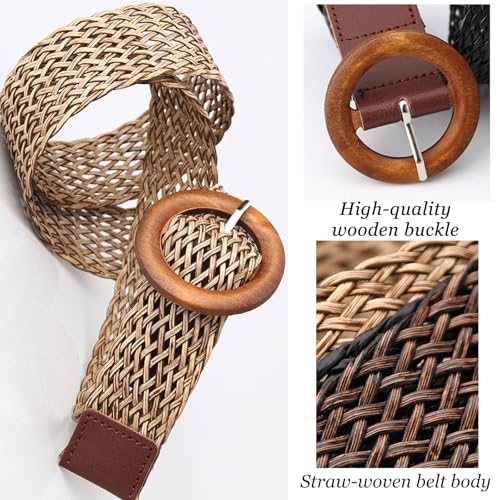 Straw Woven Belts for Women Braided Belt Women Ladies Boho Belt Summer Beach Dress Belt with Round Wooden Buckle2