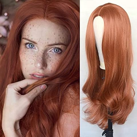Luwigs Copper Red #350 Natural Wavy Synthetic Wig for Women T Lace Reddish Brown Ginger Wig Heat Resistant Replacement Wigs 22Inch Middle Parting Cover