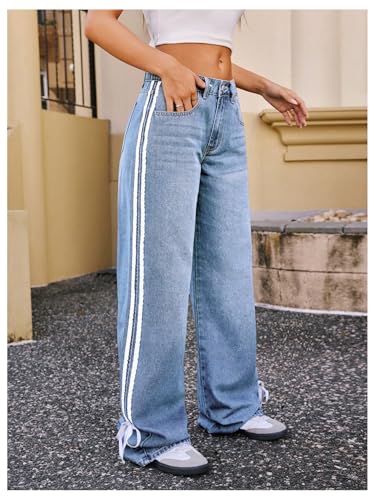 GORGLITTER Women's Y2k Wide Leg Jeans Cute Bow Stripe Side Baggy Trendy 2025 Denim Pants with Pockets3