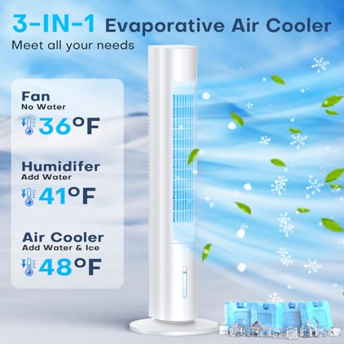 Image of Windowless Portable Air Conditioners, 35 inch Swamp Cooler w /4 Ice Packs, 3 Speeds, 25ft Remote & 7H Timer, 90Oscillating Evaporative Cooler, Ventless Air Conditioner AC Unit Cloud White