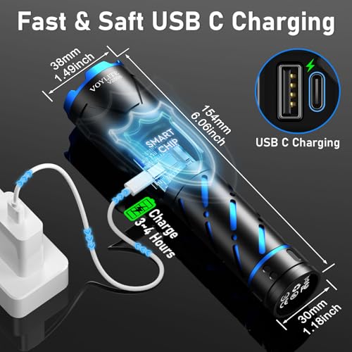 Voylite Rechargeable Flashlights High Lumens - 10000 LM, 5000mAh Battery with LCD Display, 3 Modes, Zoomable & IP67 Waterproof - for Camping, Dog Walking, Emergencies