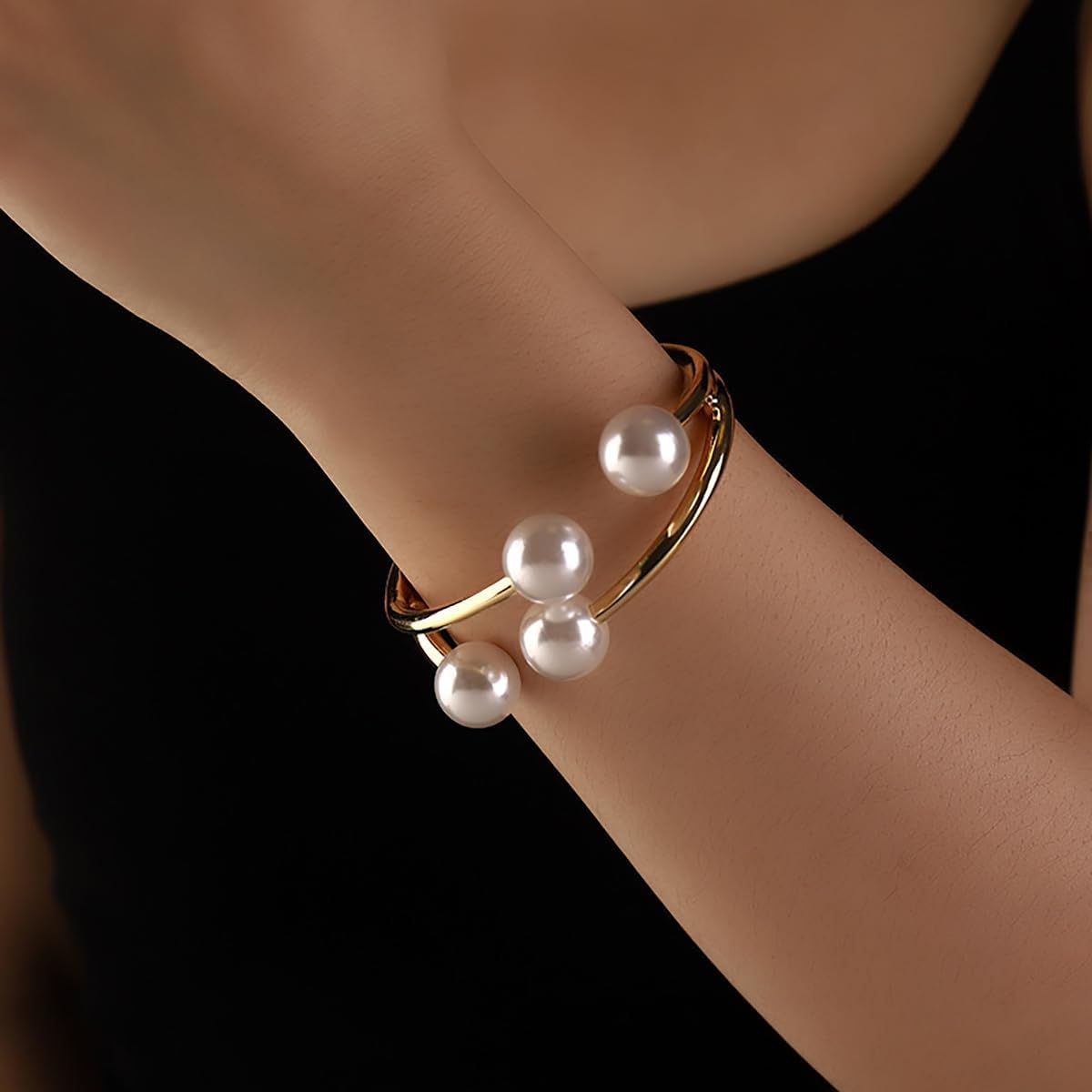 Large Pearl Open Cuff Bracelet for Women Statement Faux Pearl Cuff Bracelet Adjustable Minimalist Bracelets 14k Gold Plated Bangle Elegant Bridal Jewelry Everyday Party Jewelry