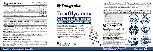 Image of Trexgenics TREXGLYCIMAX 4X Sugar level + Nerve Antioxidant Support with Gymnema Sylvestre 75% 250mg, Bitter Melon 5% 250mg, Alpha Lipoic acid 150mg & Chromium Picolinate (60 Veg. Capsules)
